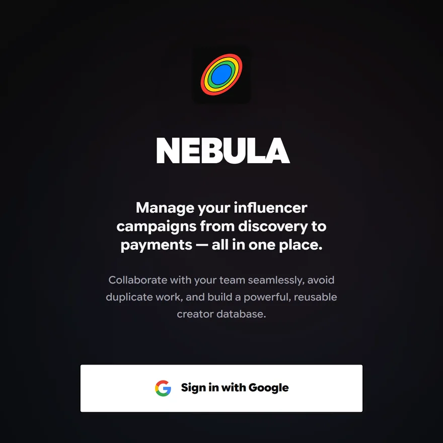 The Nebula sign-in screen: the spectrum lens mark over the wordmark, its promise to run campaigns from discovery to payments, and a Google sign-in button